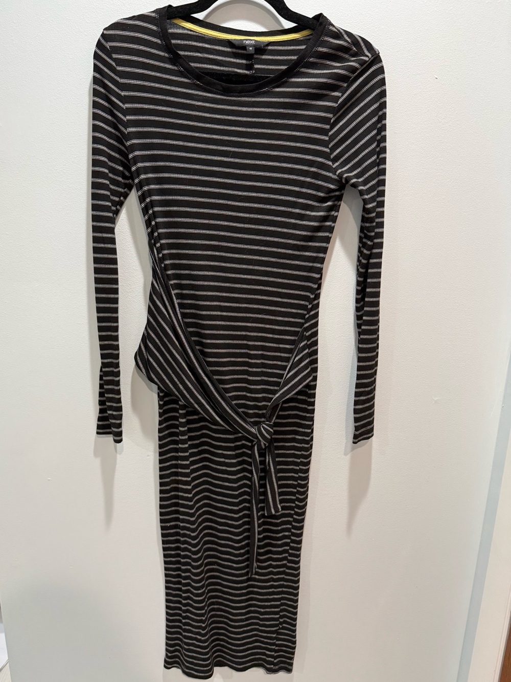 Next Black & White Striped Tie Waist Dress Long Sleeve Casual Maxi Dress Size 10